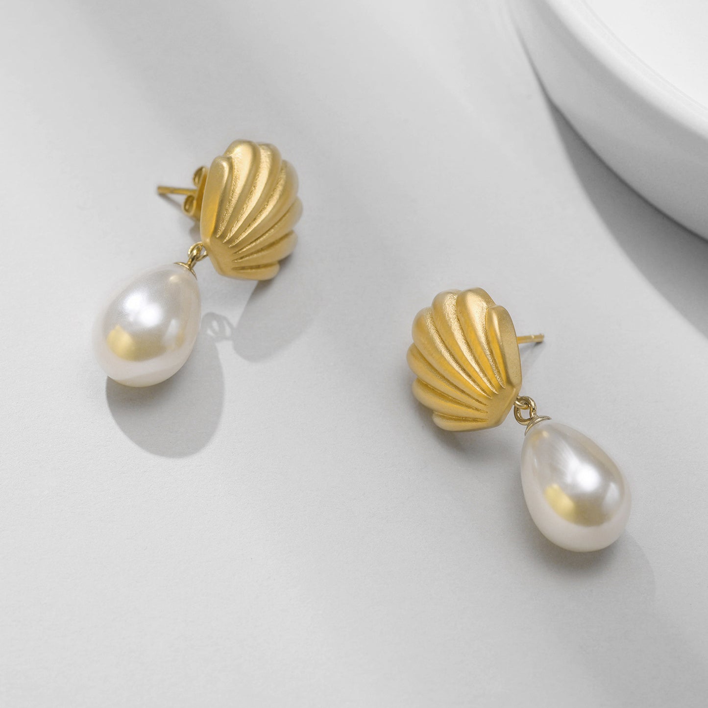 Gold Shell Pearl Drop Earrings