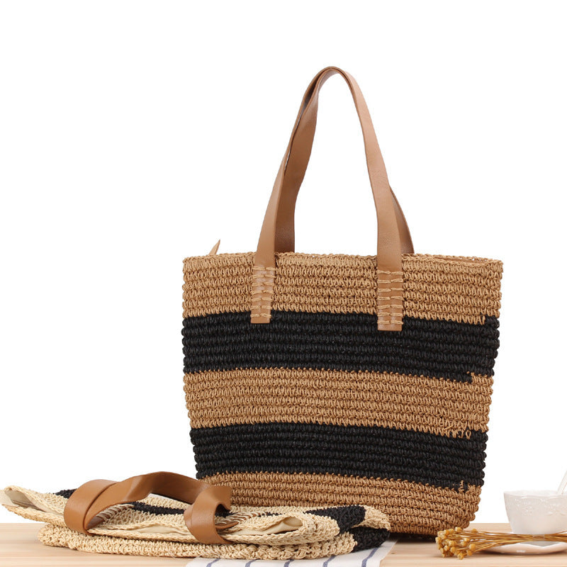 Striped Woven Straw Shoulder Bag