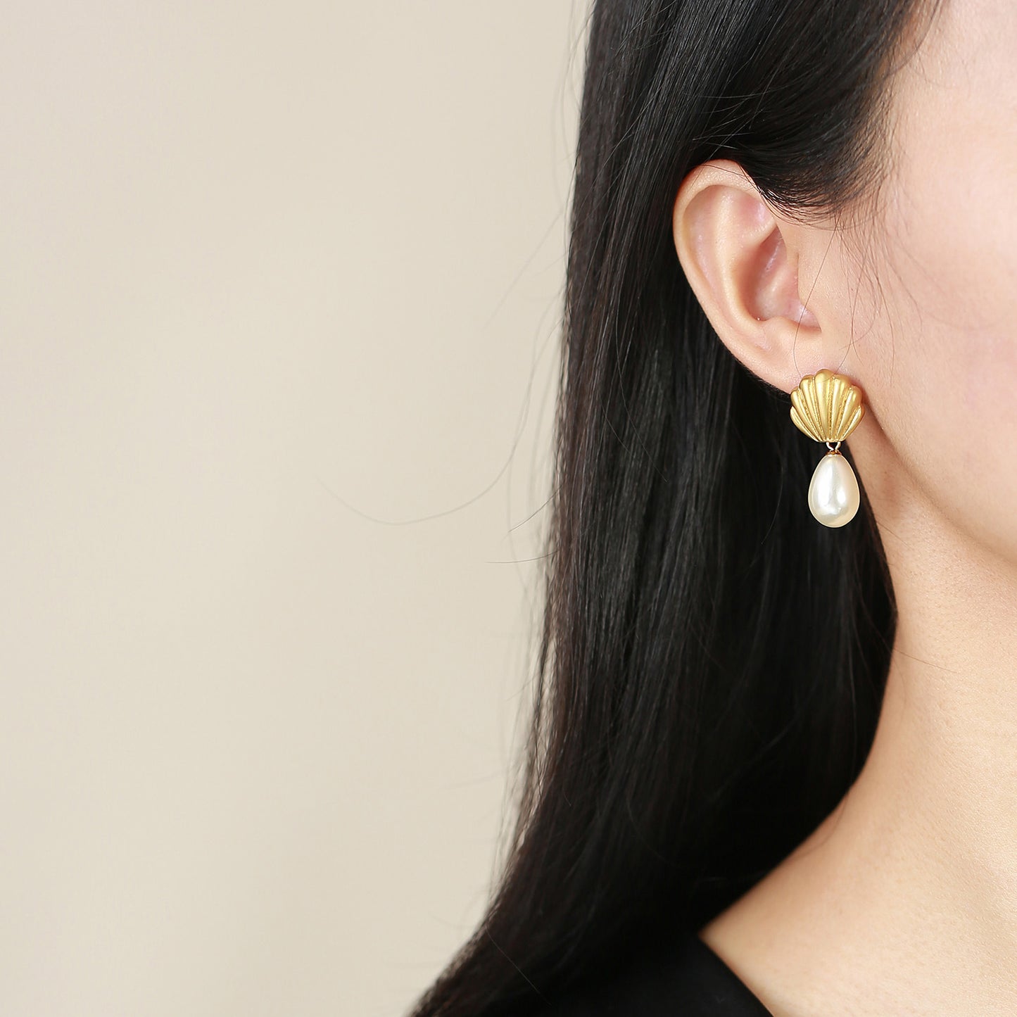 Gold Shell Pearl Drop Earrings