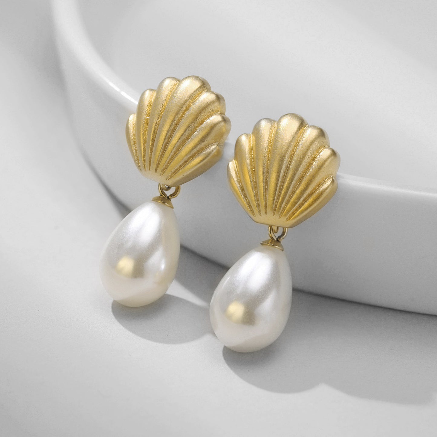 Gold Shell Pearl Drop Earrings