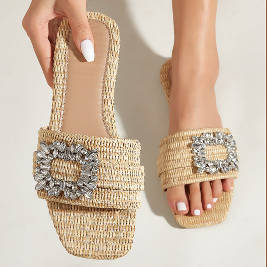 Natural Straw Rhinestone Sandals