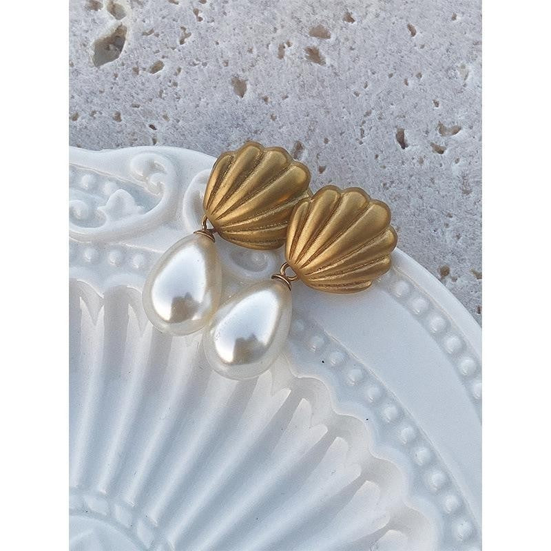 Gold Shell Pearl Drop Earrings